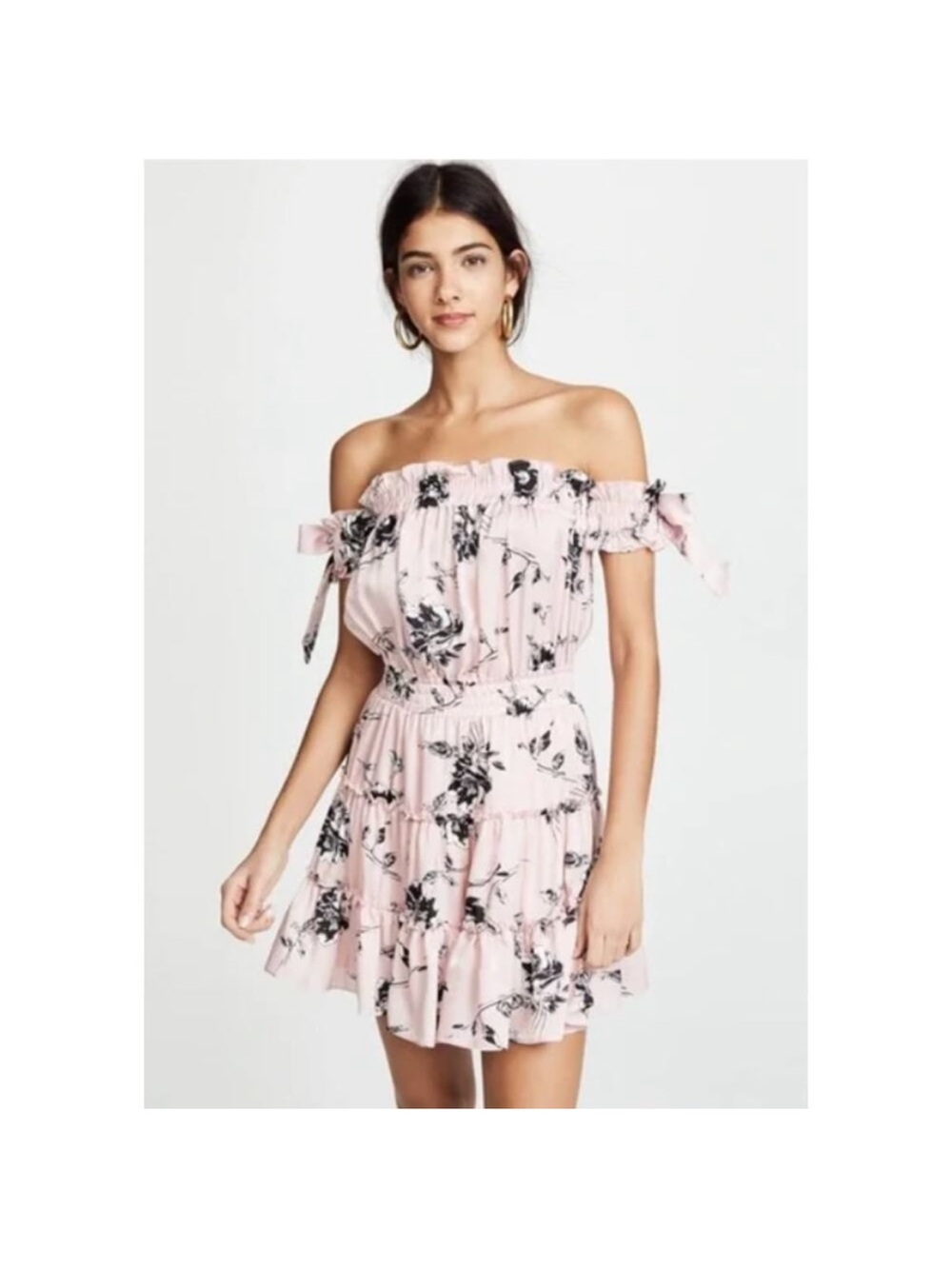 Misa Los Angeles Laiyin Tiered Off Shoulder dress in pink & black colors size S